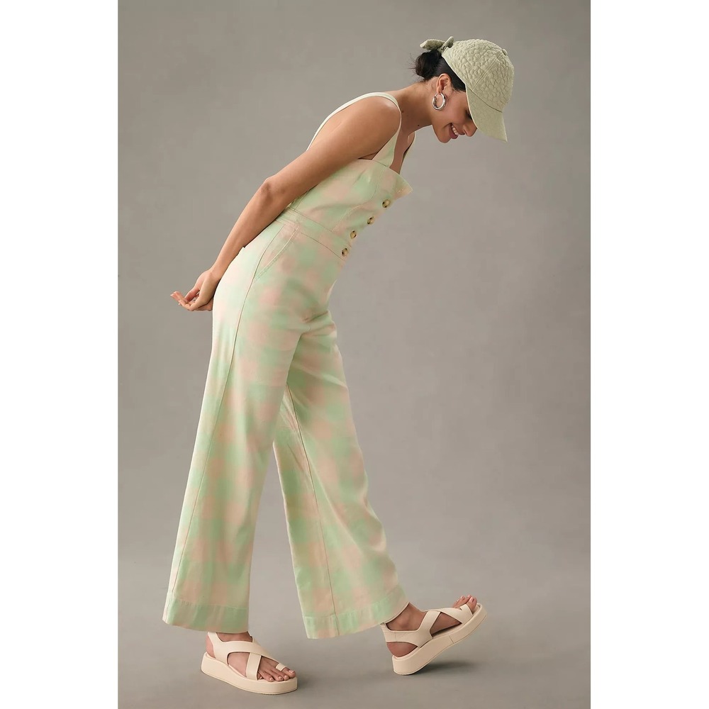 Maeve Anthropologie Colette Portside Button Front Jumpsuit Checkered Wide Leg 8 - Picture 5 of 10